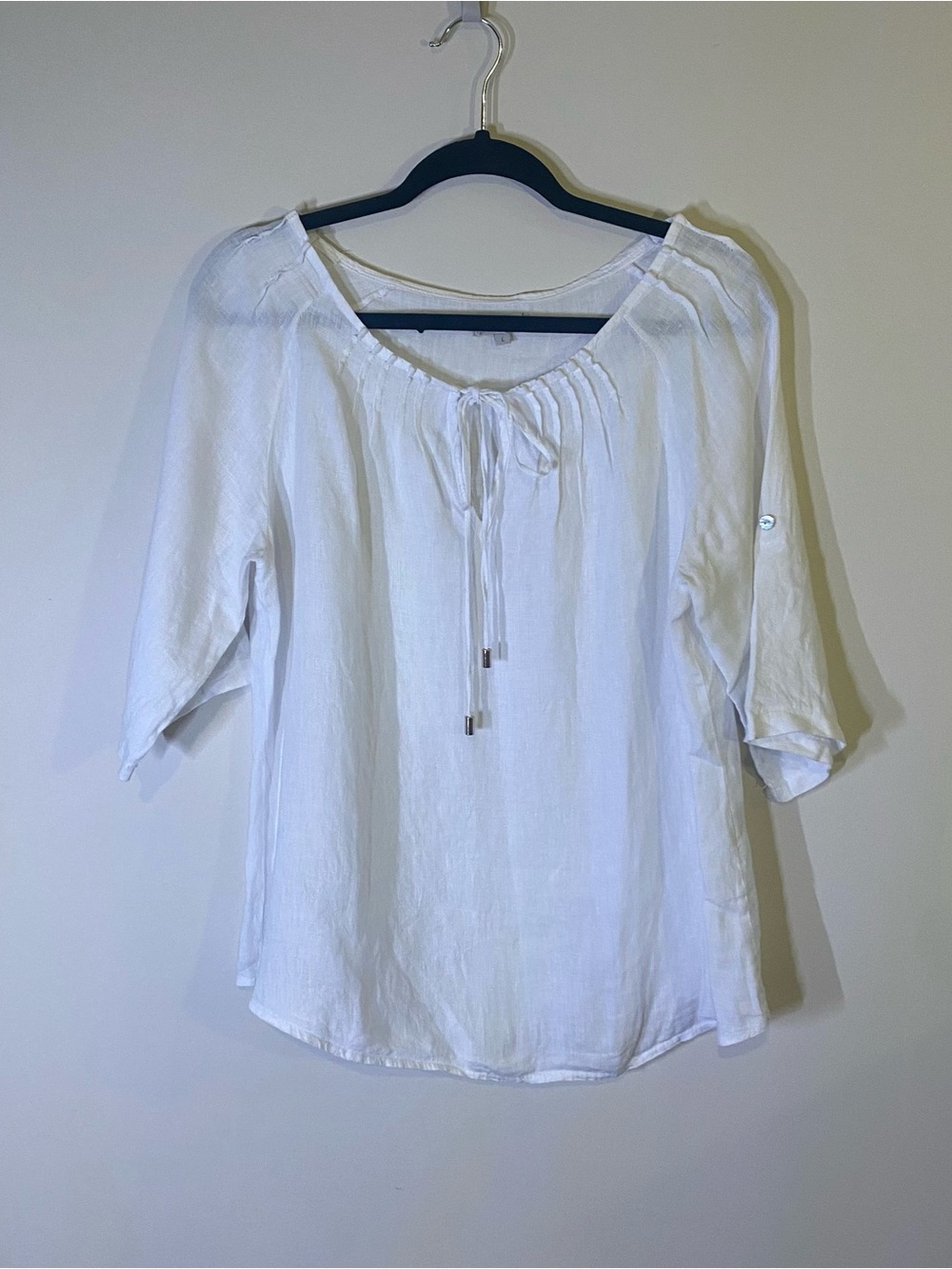 Relaxed White Tie-Neck Peasant Blouse